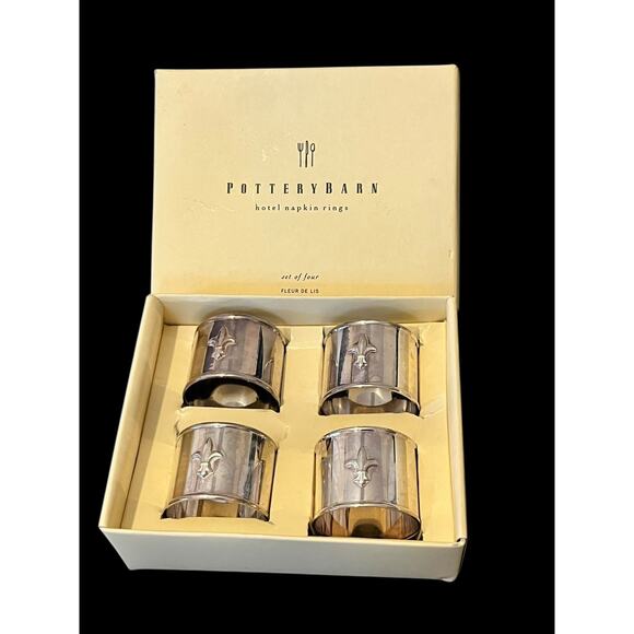 Pottery Barn Hotel Napkin Rings Set of 4 Fleur De Lis Silver Dinnerware - Picture 1 of 5